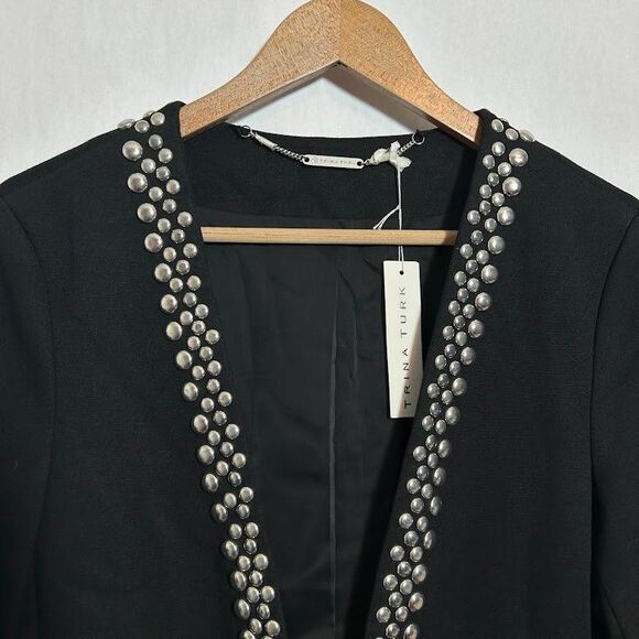 NWT Trina Turk Studded Blazer Jacket 8 Black Lapel Hook Eye Closure MSRP $398 - Picture 4 of 8
